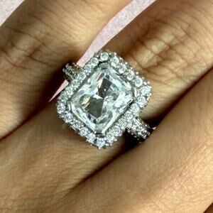 sterling silver emerald-cut cz & halo engagement ring size 6